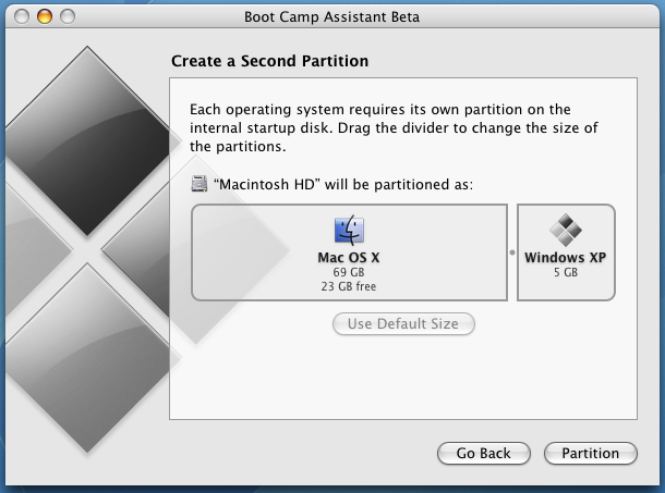 Apple Boot Camp Windows XP Dual Boot Installer: Create Second Partition