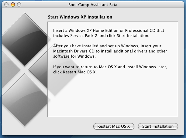Apple Boot Camp Windows XP Dual Boot Installer: Ready to Start WinXP Install