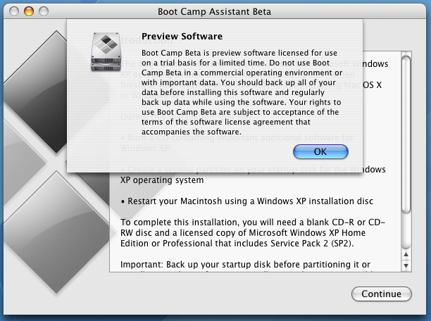 Apple Boot Camp Windows XP Dual Boot Installer: Warnings and Welcomes