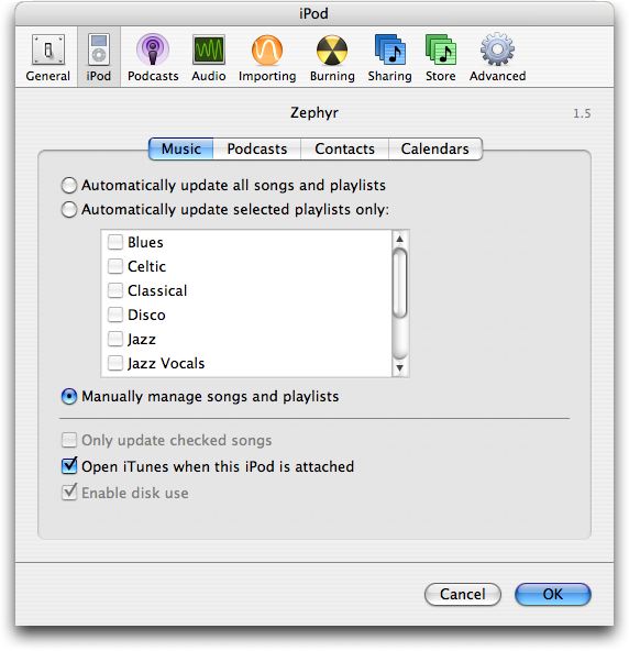 iPod configuration options in Apple's iTunes