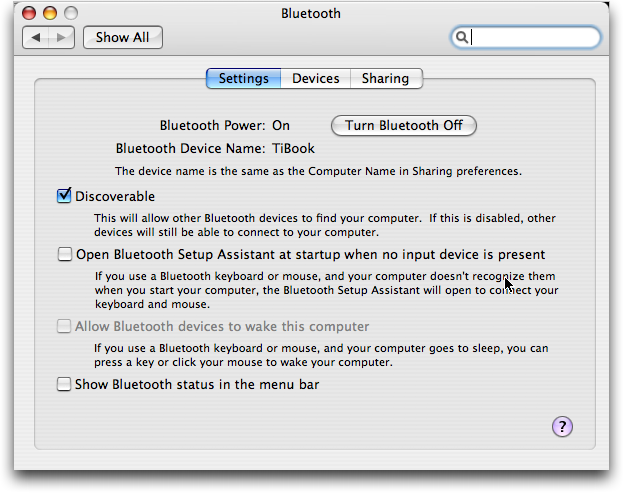 Mac OS X: Bluetooth Settings