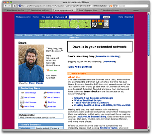 Dave's MySpace Profile, with a Magenta background