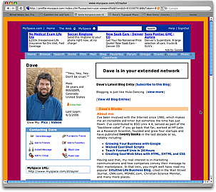 Dave's MySpace Profile, with a magenta background and orange border