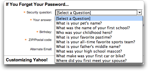 Yahoo! Password Reminder Questions