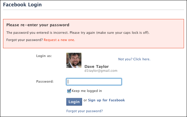 facebook login screen. Did you notice on the first failed login screen that it indicated you could 
