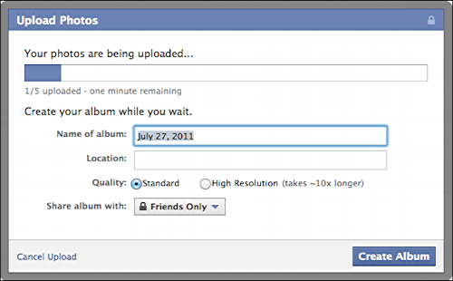 upload facebook photos. While it uploads you can specify the name and features of the new Facebook