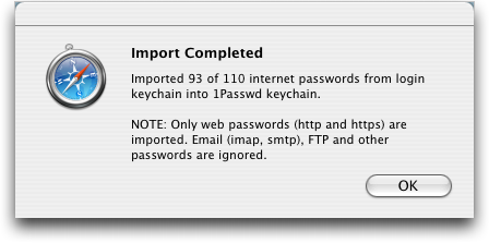 1Passwd Imported Passwords from Safari