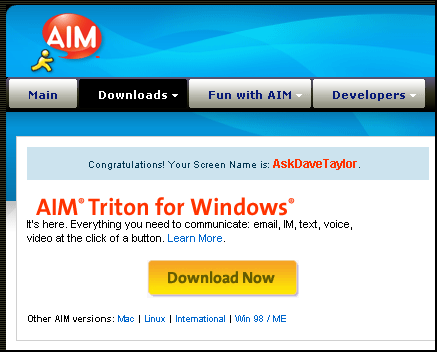 Congratulations on your new AOL AIM Screenname