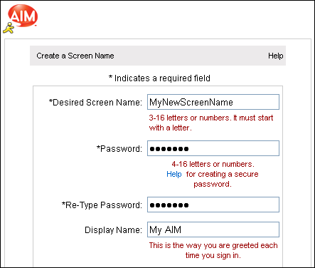 Create a new screenname in AOL AIM