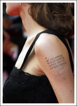 Actor Angelina Jolie's left bicep tattoo of the latitude and longitude of the birthplaces of her four children
