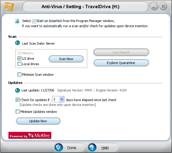 McAfee U3 software: antivirus scan starting