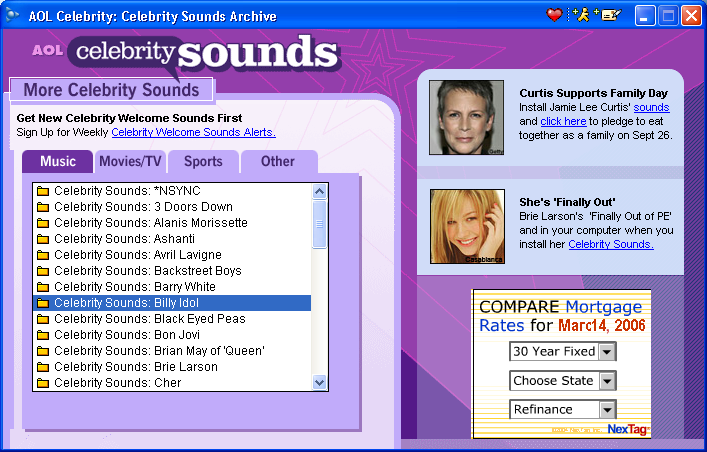 America Online - AOL - Celebrity Sounds, including Avril Lavigne, Hilary Duff, Sheryl Crow and Jennifer Lopez