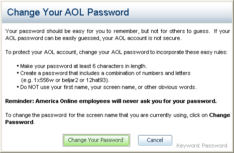America Online AOL: Change Password