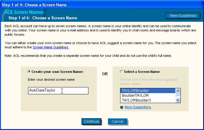 AOL 9.0 Choose a Screen Name