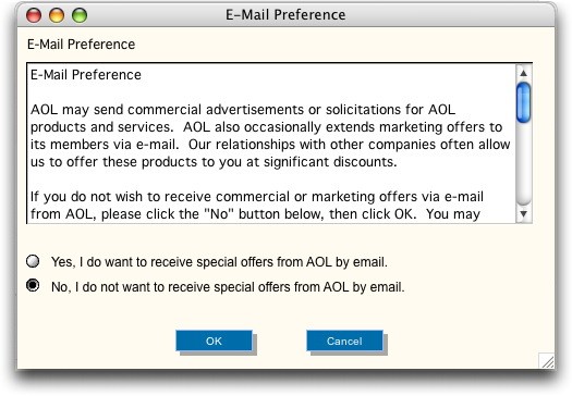 AOL Email Preferences Window