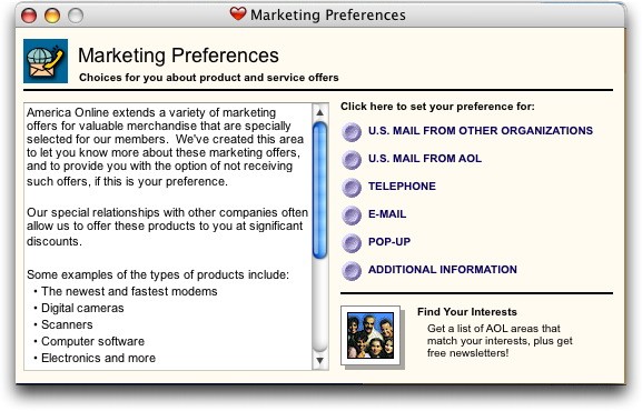 AOL Marketing Preferences Window