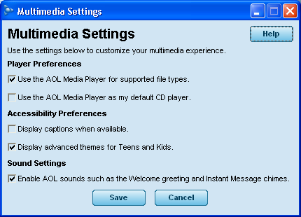 America Online - AOL - Multimedia Settings