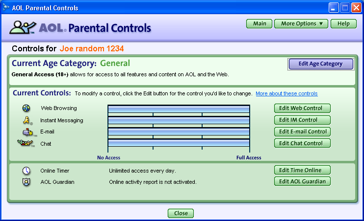 AOL Parental Controls for specific account