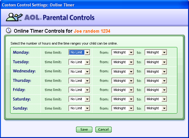 AOL Parental Controls: Online Timer: Customize