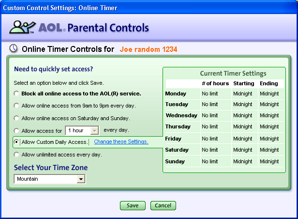 AOL Parental Controls: Online Timer