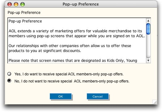 AOL Marketing Pop-Up Preferences Window