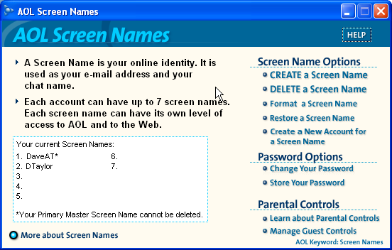 AOL 9.0 Screen Names