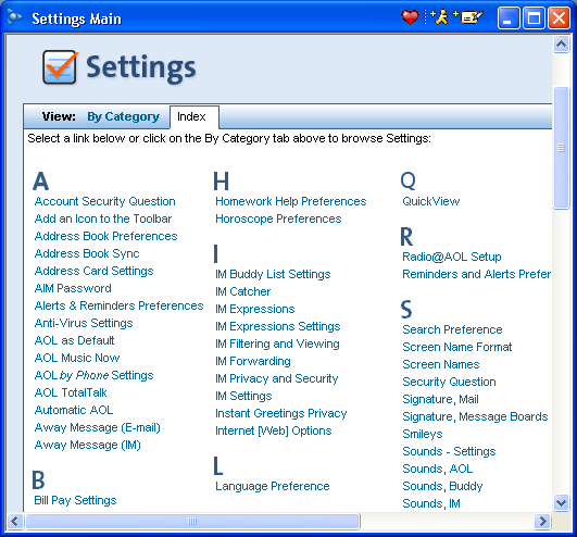 America Online - AOL - Settings: Main