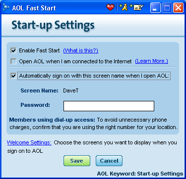 AOL Startup Settings