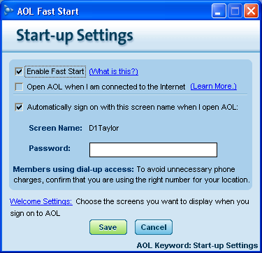 America Online (AOL) Startup Settings