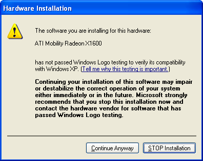 Apple Mac OS X Boot Camp (bootcamp): WinXP Installer: Uncertified hardware driver warning