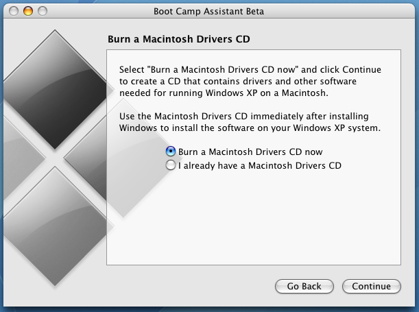 Apple Boot Camp Windows XP Dual Boot Installer: Burn Windows Drivers CDROM