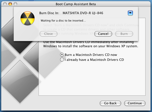 Apple Mac OS X Boot Camp (bootcamp) Assistant: Waiting to Burn CDROM