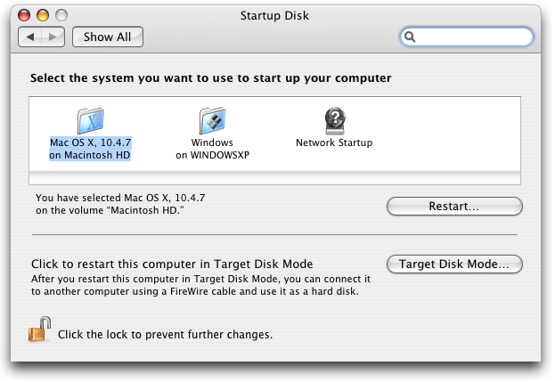 System Preferences: Startup Disk: Windows XP or Mac OS X?