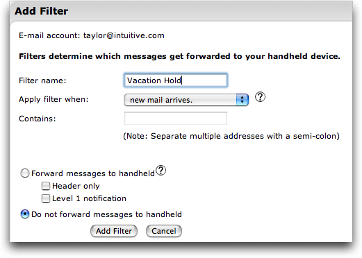 Blackberry Pearl, Internet Email Account Settings: Add Vacation Hold Filter Stop
