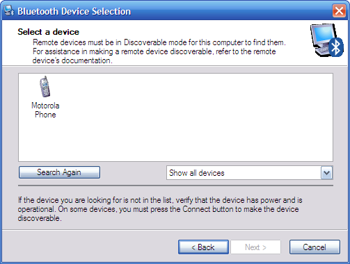 Windows XP Bluetooth Device Selection