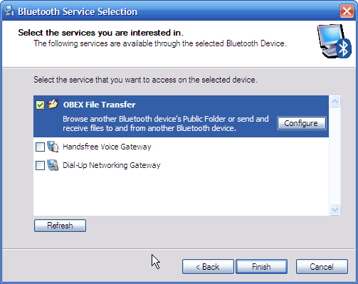 Windows XP Bluetooth Service Selection