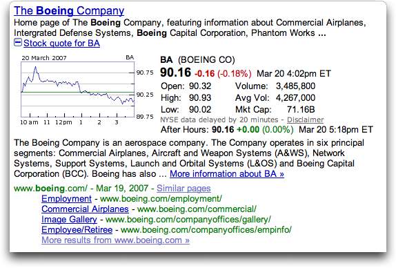 Google search results for Boeing, with 'plus symbol' more info feature expanded