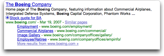 Google search results for Boeing, with 'plus symbol' more info feature shown