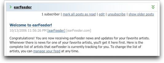 Earfeeder: Welcome message in my RSS reader