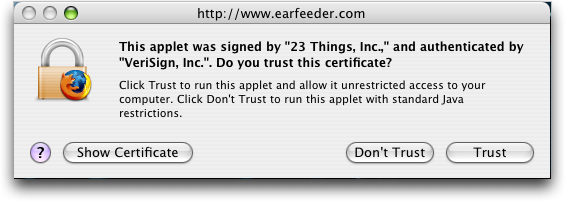 Earfeeder: Is that Java Applet secure?