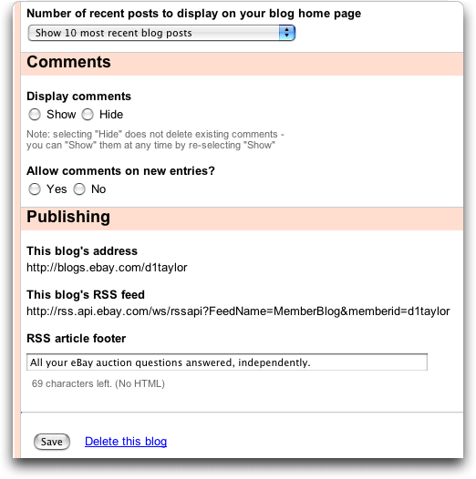 eBay Blog Settings