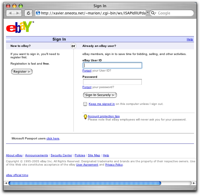 eBay phishing fake login page