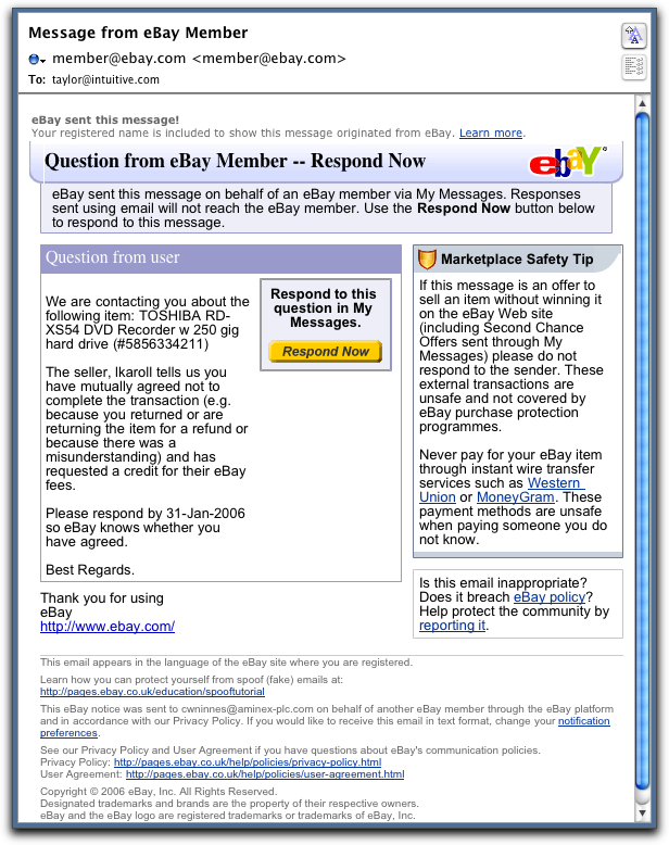 eBay phishing message