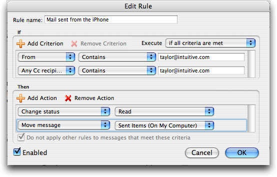 Microsoft Entourage on Mac OS X: How to Set Up A Rule to Capture Mail Sent from an Apple iPhone