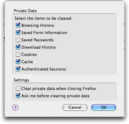 Firefox Preferences; Clear Private Data Tool