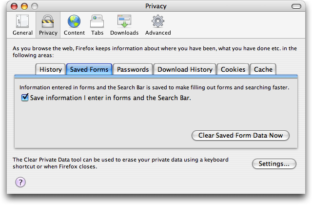 Firefox Preferences; Privacy: Saved Forms