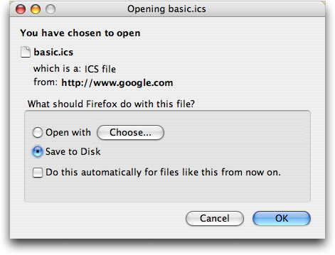 Firefox: Saving iCal ics format file from Google Calendar export