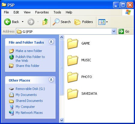 Sony PSP folders in the Windows XP PSP Folder