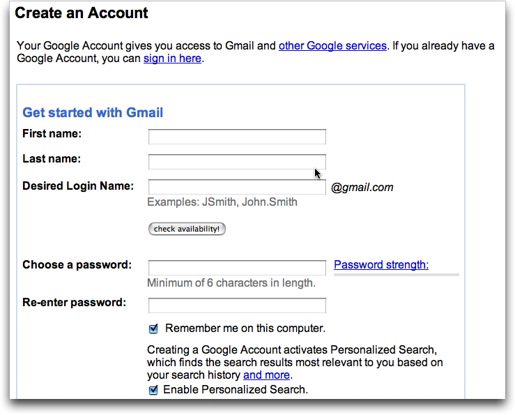 Create Gmail Account, Screen #1