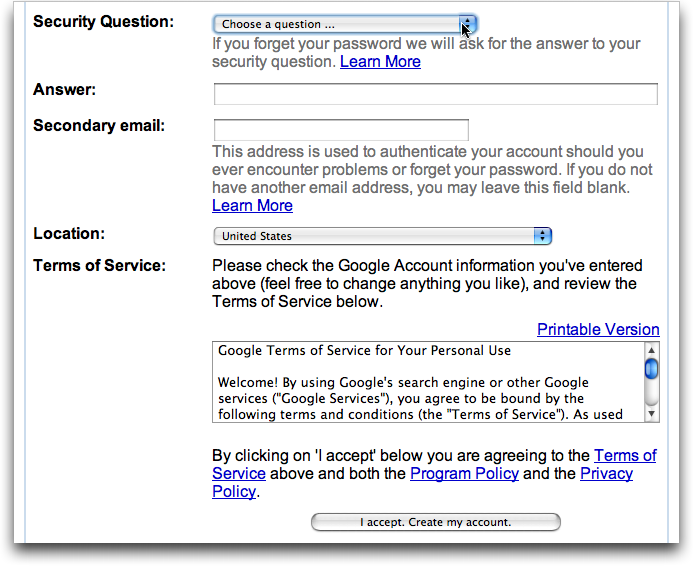 Create Gmail Account, Screen #2